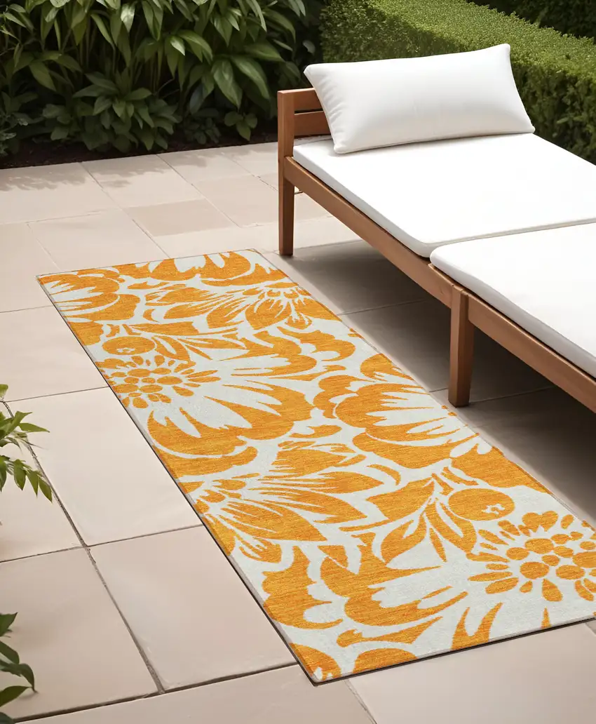 Orange and White Floral Washable Non Skid Indoor Outdoor Runner Rug Photo 1