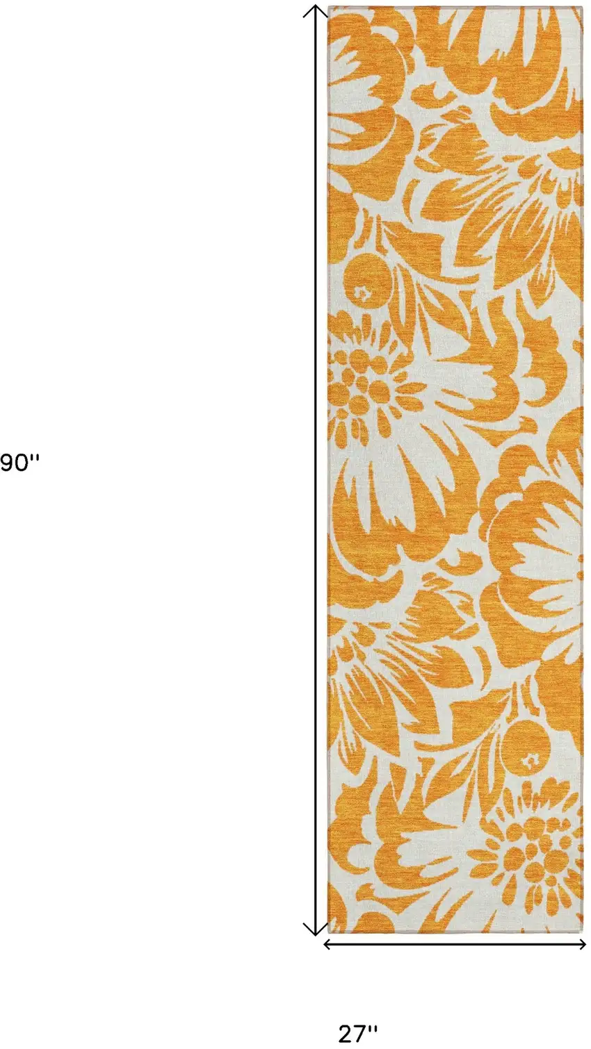 Orange and White Floral Washable Non Skid Indoor Outdoor Runner Rug Photo 3