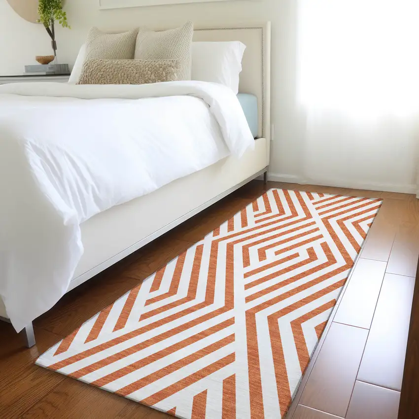 Orange and White Geometric Washable Non Skid Indoor Outdoor Runner Rug Photo 7