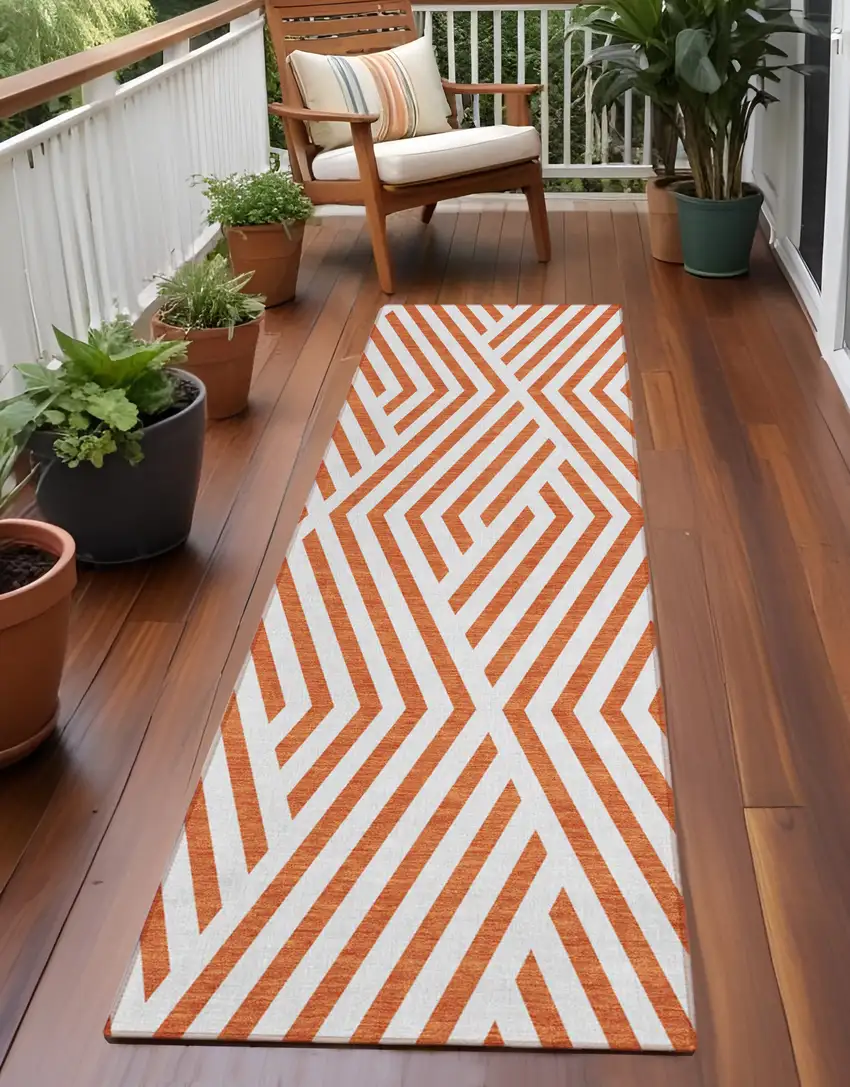 Orange and White Geometric Washable Non Skid Indoor Outdoor Runner Rug Photo 1