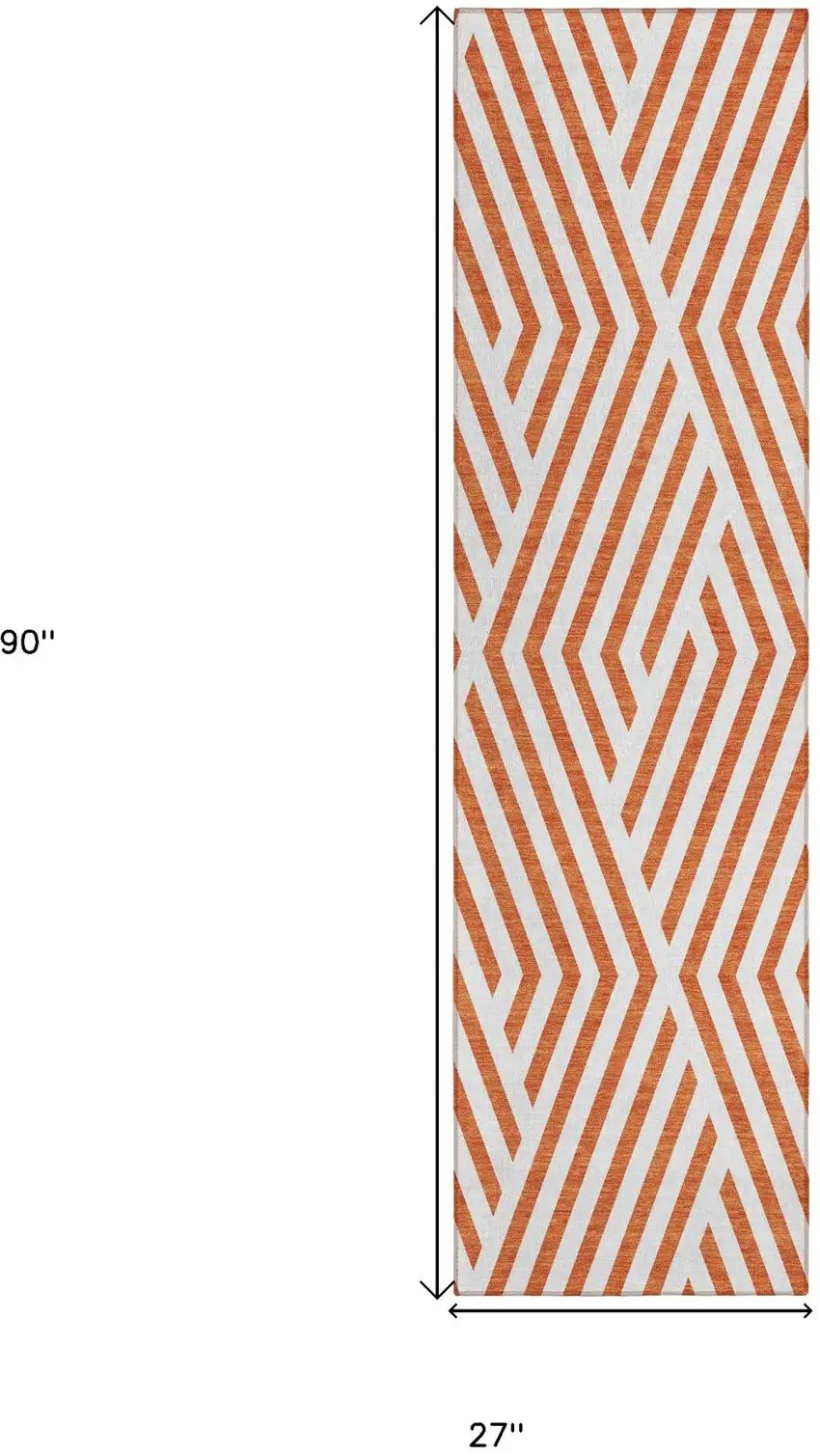 Orange and White Geometric Washable Non Skid Indoor Outdoor Runner Rug Photo 3