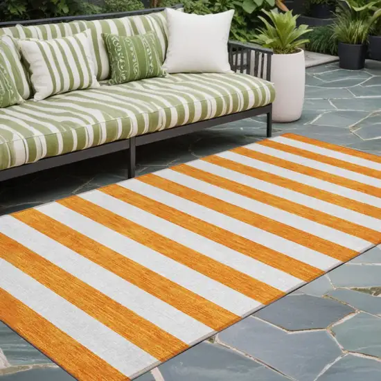 Orange and White Striped Washable Indoor Outdoor Runner Rug Photo 1