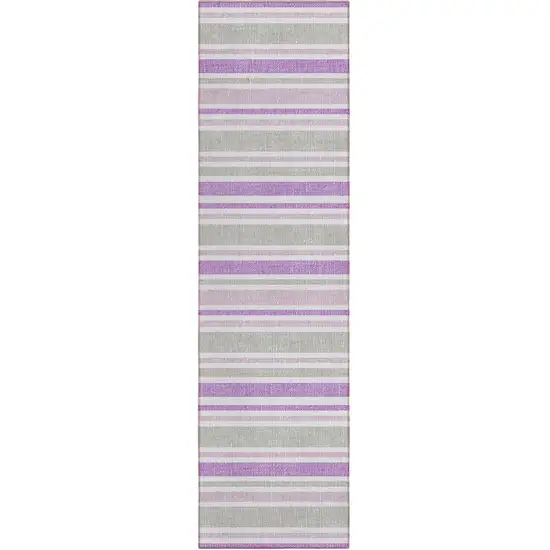 Purple Gray and White Striped Washable Non Skid Indoor Outdoor Area Rug Photo 2