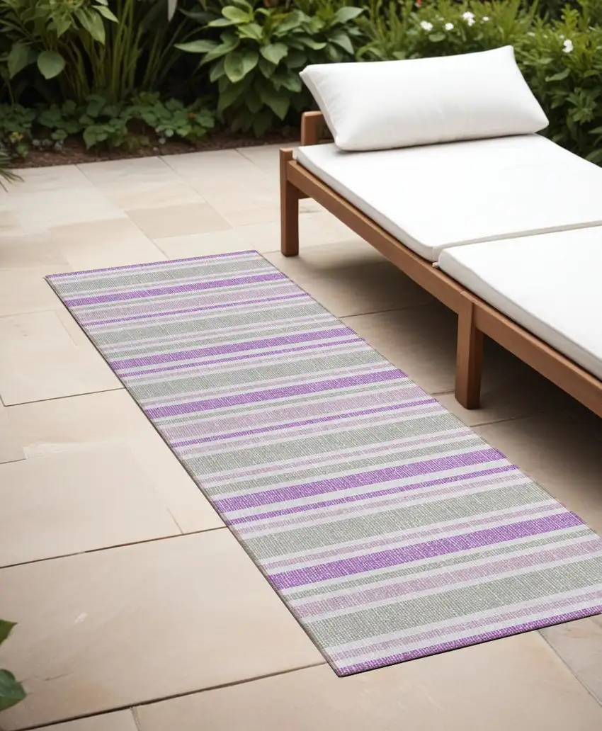 Purple Gray and White Striped Washable Non Skid Indoor Outdoor Area Rug Photo 1