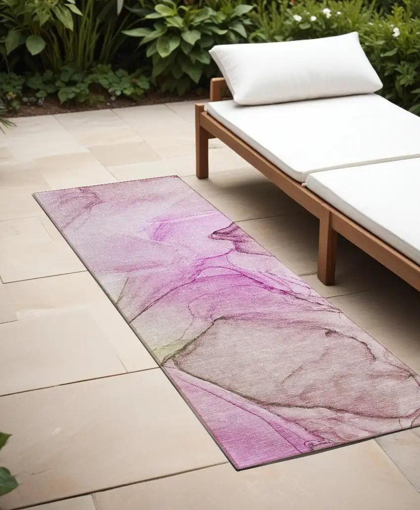 8' Runner Pink Abstract Washable Non Skid Indoor Outdoor Runner Rug Photo 1