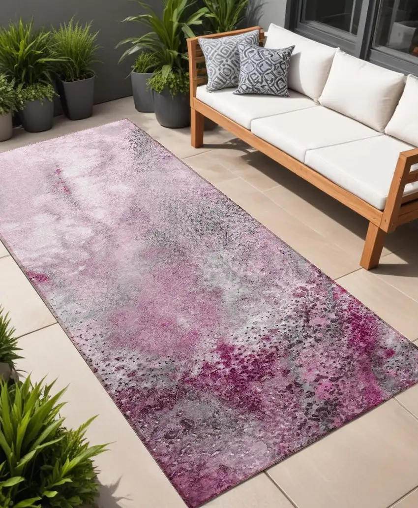 8' Runner Pink Abstract Washable Non Skid Indoor Outdoor Runner Rug Photo 1