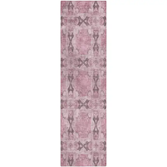 Pink Floral Medallion Washable Non Skid Indoor Outdoor Runner Rug Photo 2