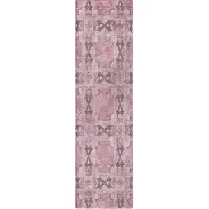 Photo of 8' Runner Pink Floral Medallion Washable Non Skid Indoor Outdoor Runner Rug