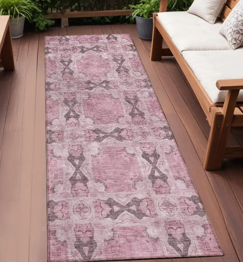 Pink Floral Medallion Washable Non Skid Indoor Outdoor Runner Rug Photo 1