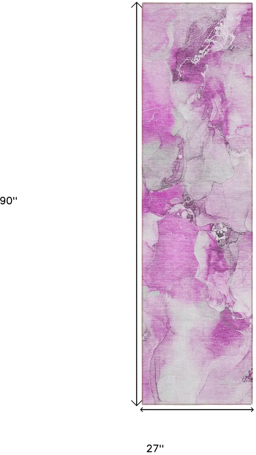 Pink and Ivory Abstract Washable Indoor Outdoor Runner Rug Photo 8