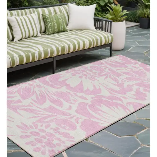 Pink and Ivory Floral Washable Non Skid Indoor Outdoor Runner Rug Photo 1