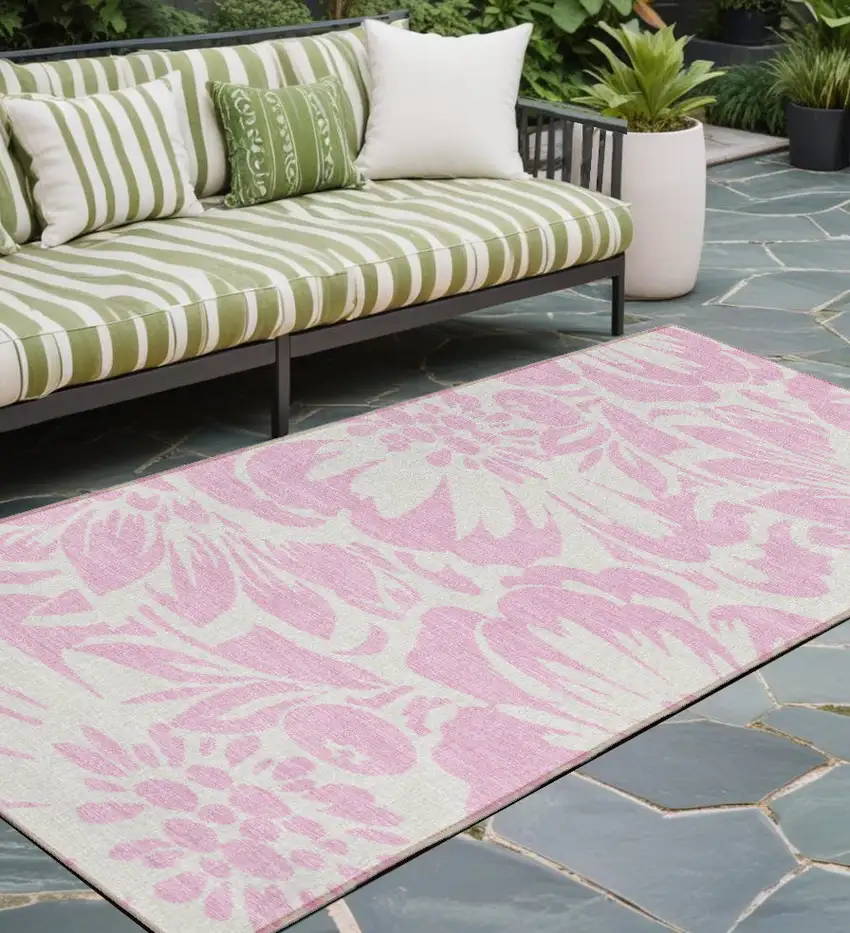 Pink and Ivory Floral Washable Non Skid Indoor Outdoor Runner Rug Photo 1
