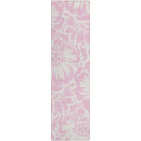 Pink and Ivory Floral Washable Non Skid Indoor Outdoor Runner Rug Photo 2