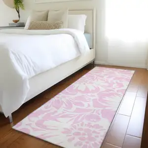 Photo of 8' Runner Pink and Ivory Floral Washable Non Skid Indoor Outdoor Runner Rug
