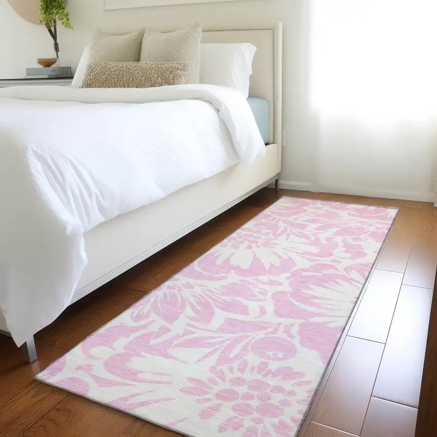 8' Runner Pink and Ivory Floral Washable Non Skid Indoor Outdoor Runner Rug Photo 9