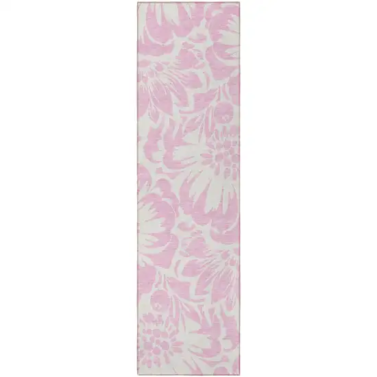 Pink and Ivory Floral Washable Non Skid Indoor Outdoor Runner Rug Photo 4