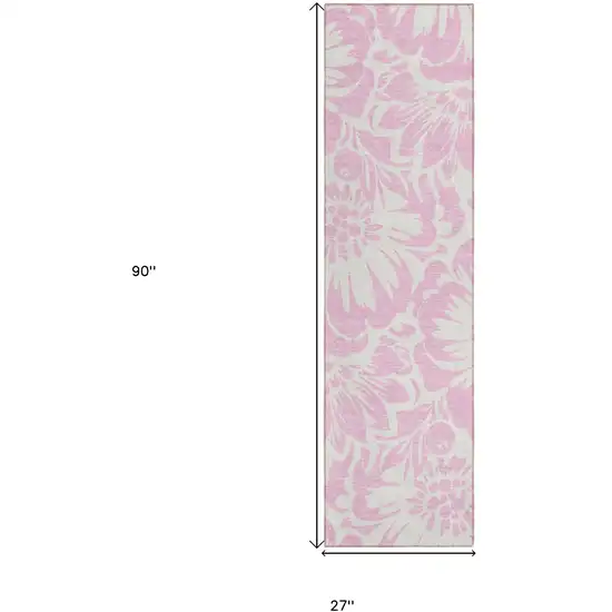 Pink and Ivory Floral Washable Non Skid Indoor Outdoor Runner Rug Photo 3