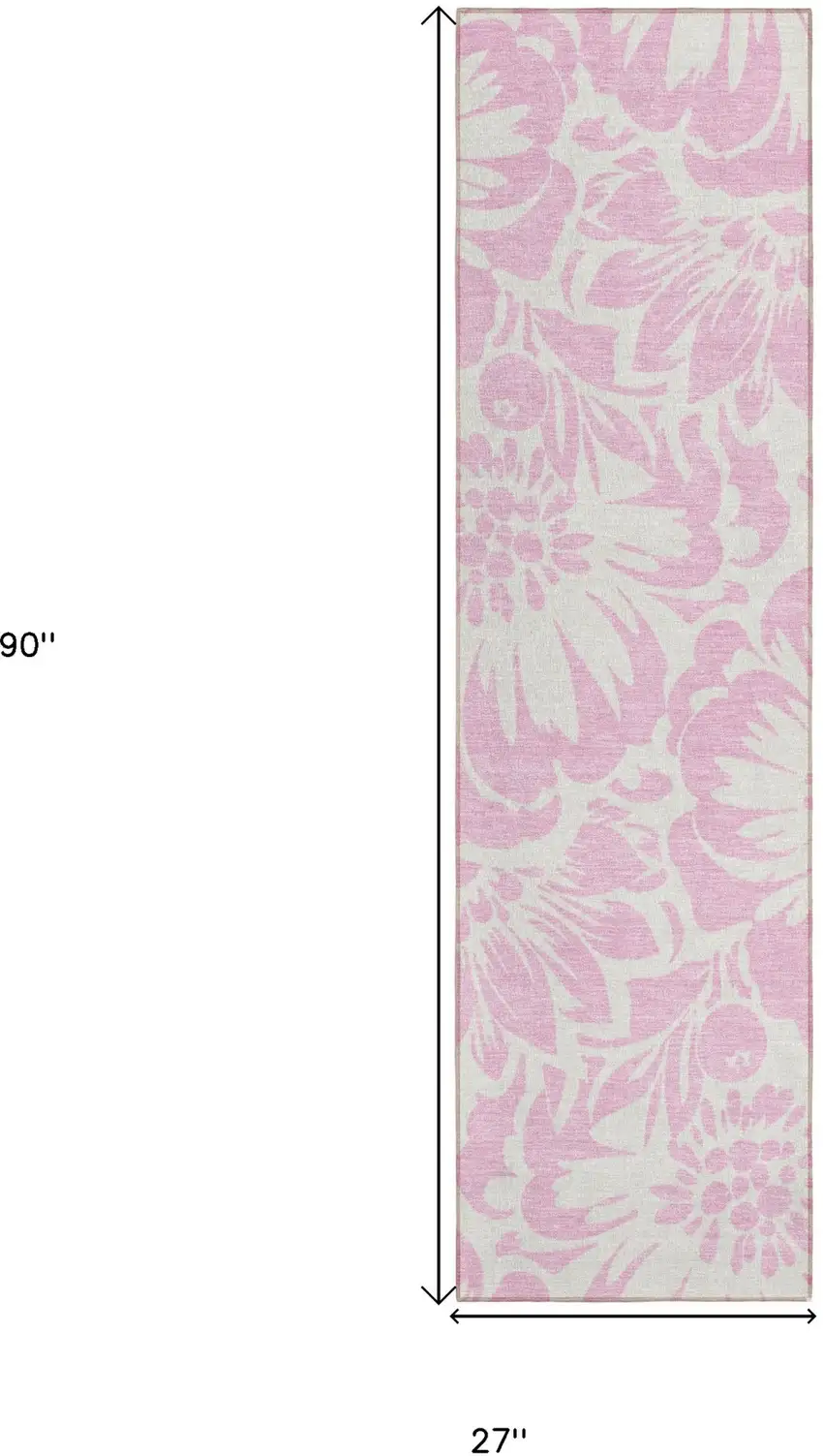 Pink and Ivory Floral Washable Non Skid Indoor Outdoor Runner Rug Photo 3