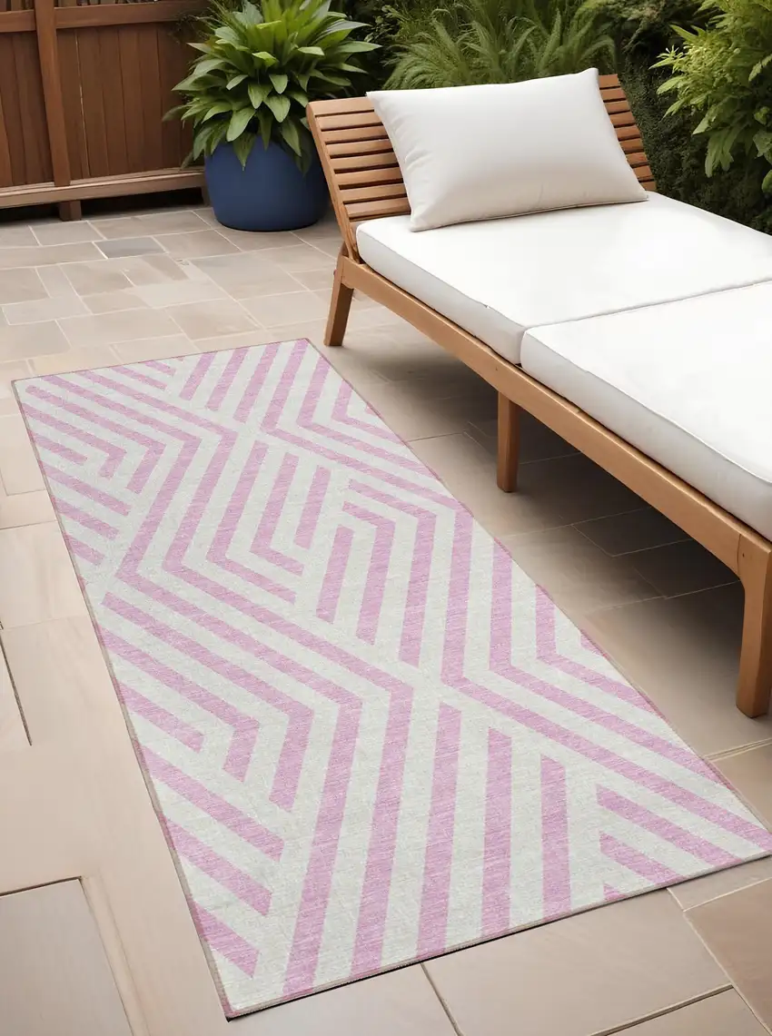 8' Runner Pink and White Geometric Washable Non Skid Indoor Outdoor Runner Rug Photo 1