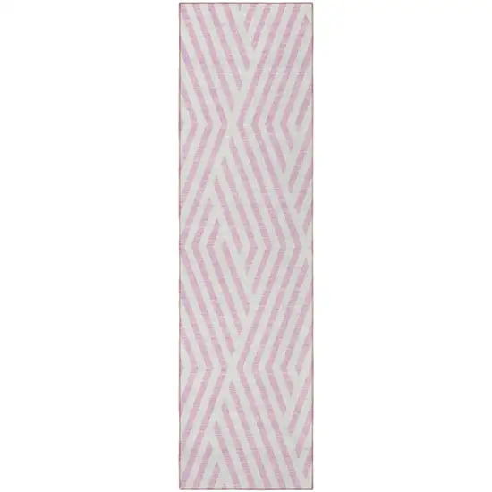 Pink and White Geometric Washable Non Skid Indoor Outdoor Runner Rug Photo 4
