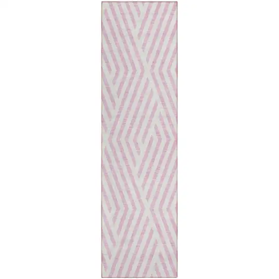 Pink and White Geometric Washable Non Skid Indoor Outdoor Runner Rug Photo 2