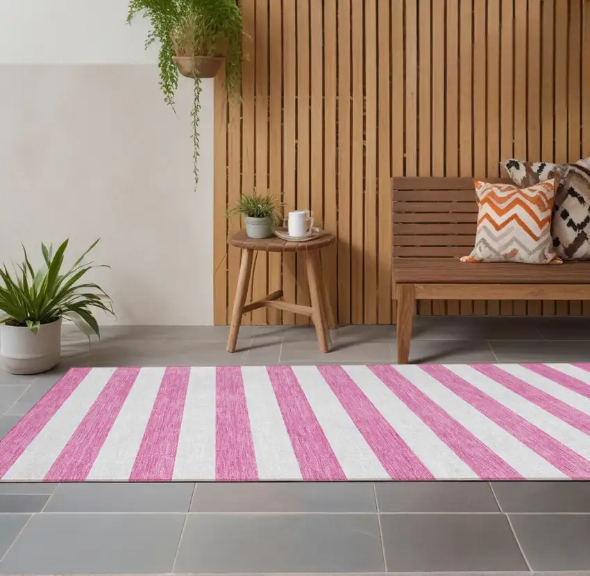 Pink and White Striped Washable Indoor Outdoor Runner Rug Photo 1