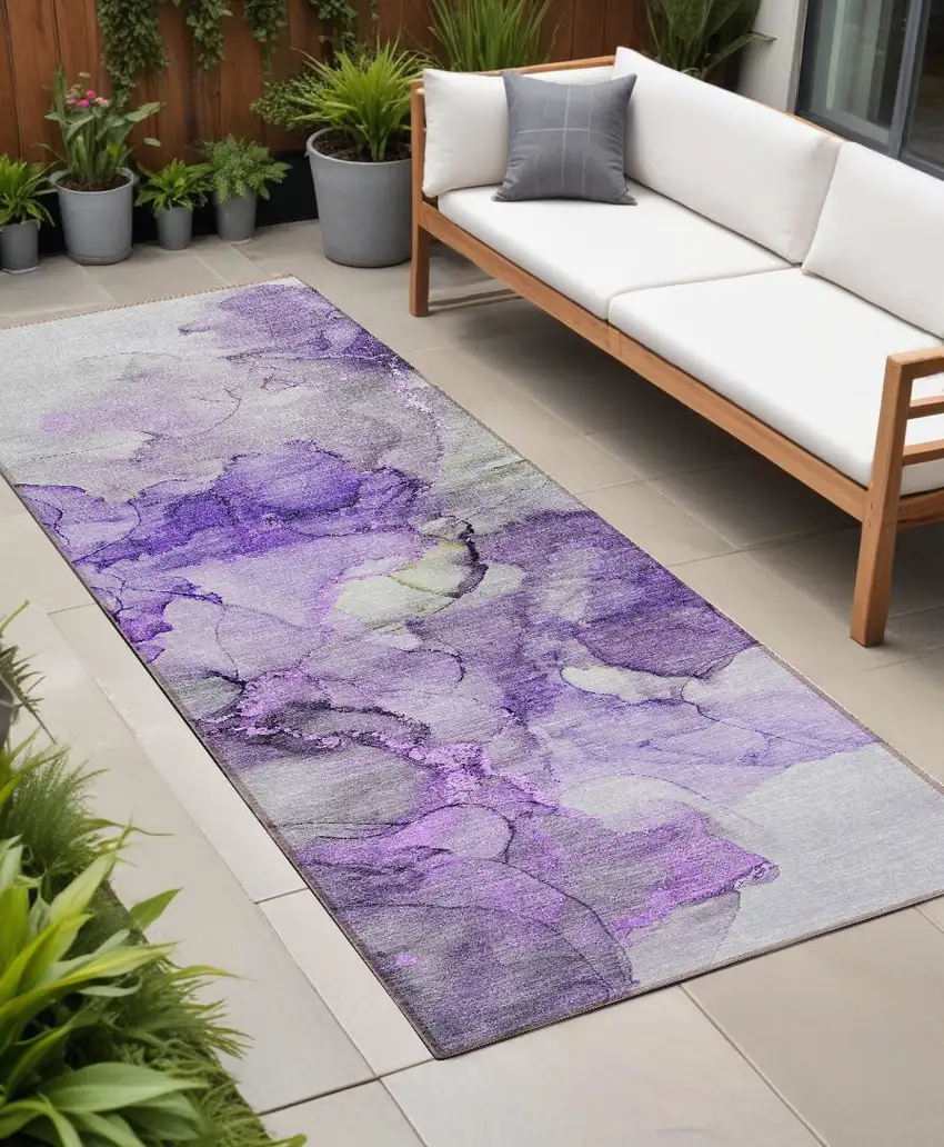 8' Runner Purple Abstract Washable Non Skid Indoor Outdoor Runner Rug Photo 1