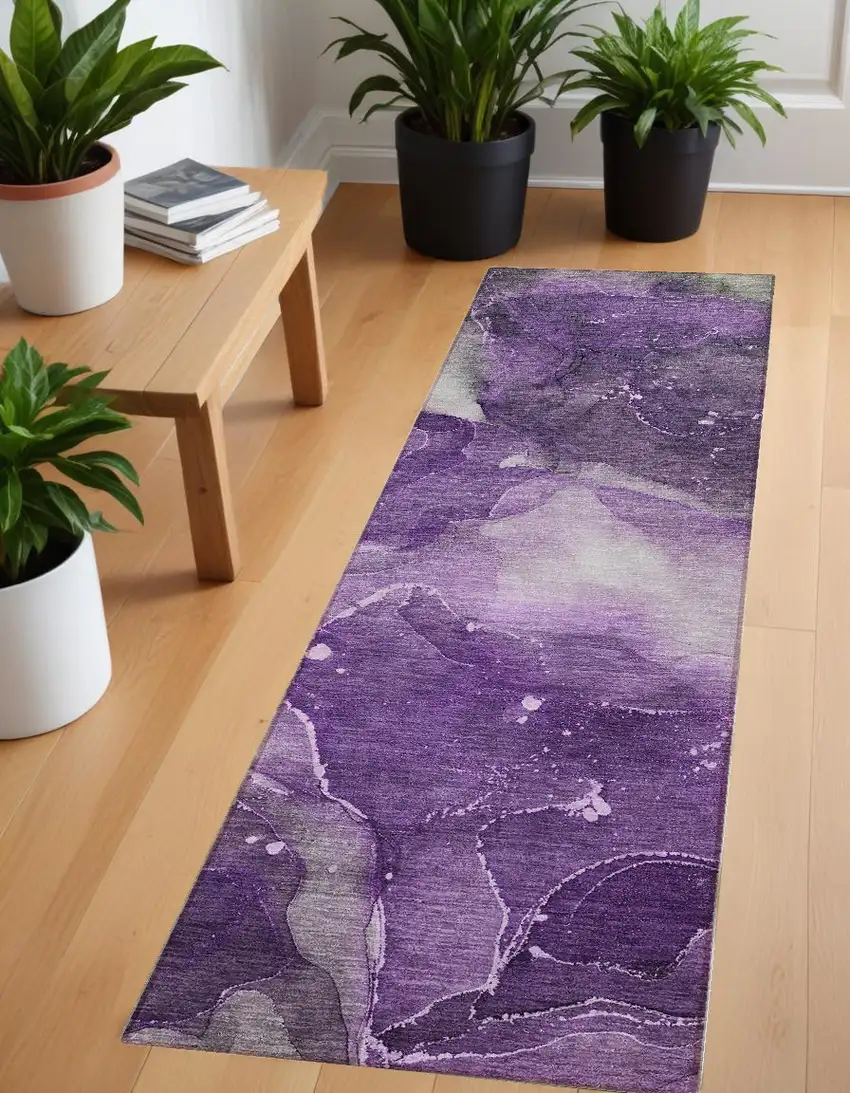 8' Runner Purple Abstract Washable Non Skid Indoor Outdoor Runner Rug Photo 1