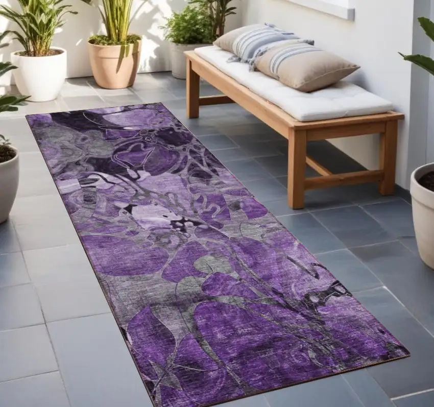 Purple Abstract Washable Indoor Outdoor Runner Rug Photo 1