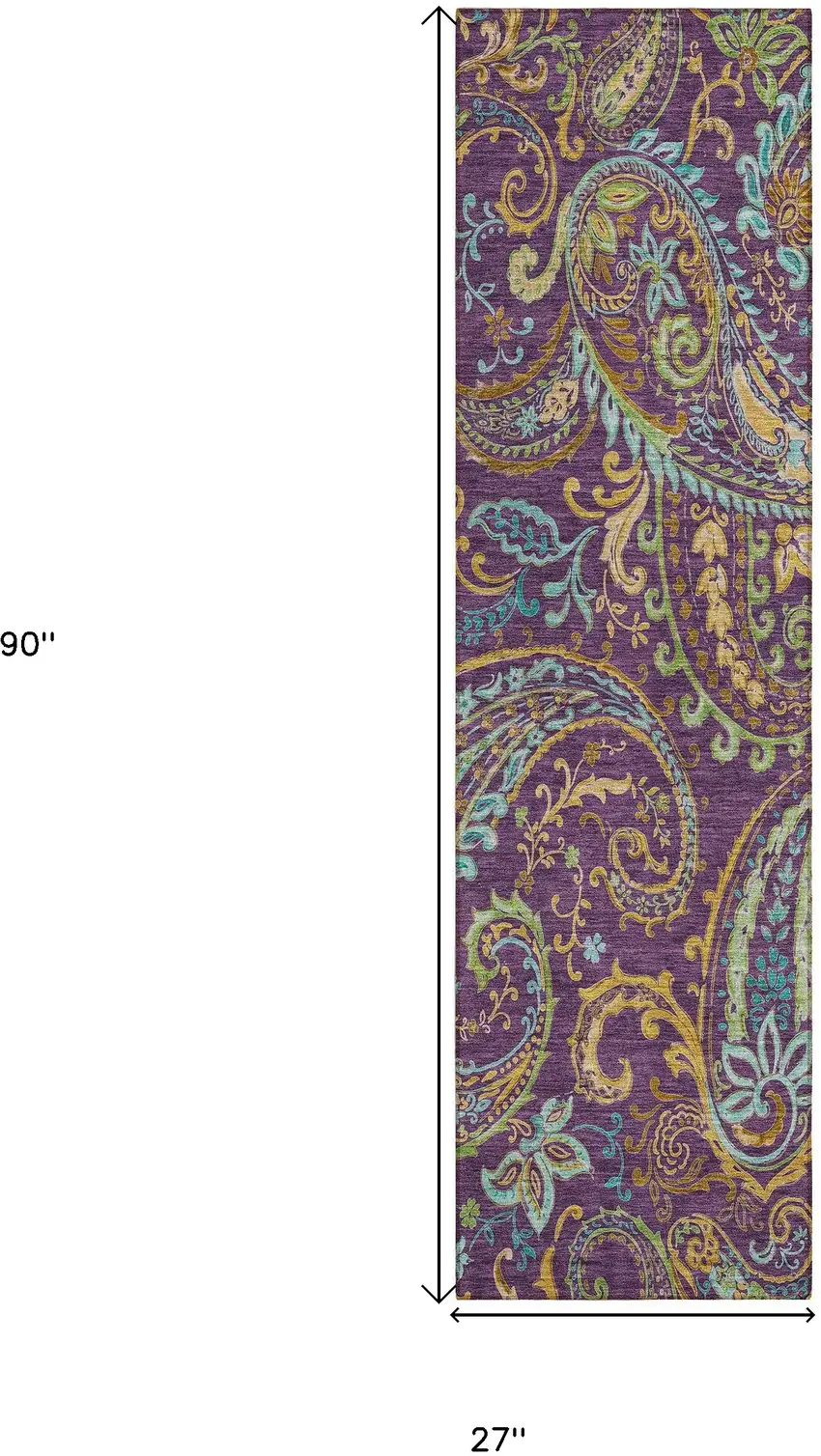 Purple Paisley Washable Non Skid Indoor Outdoor Runner Rug Photo 3