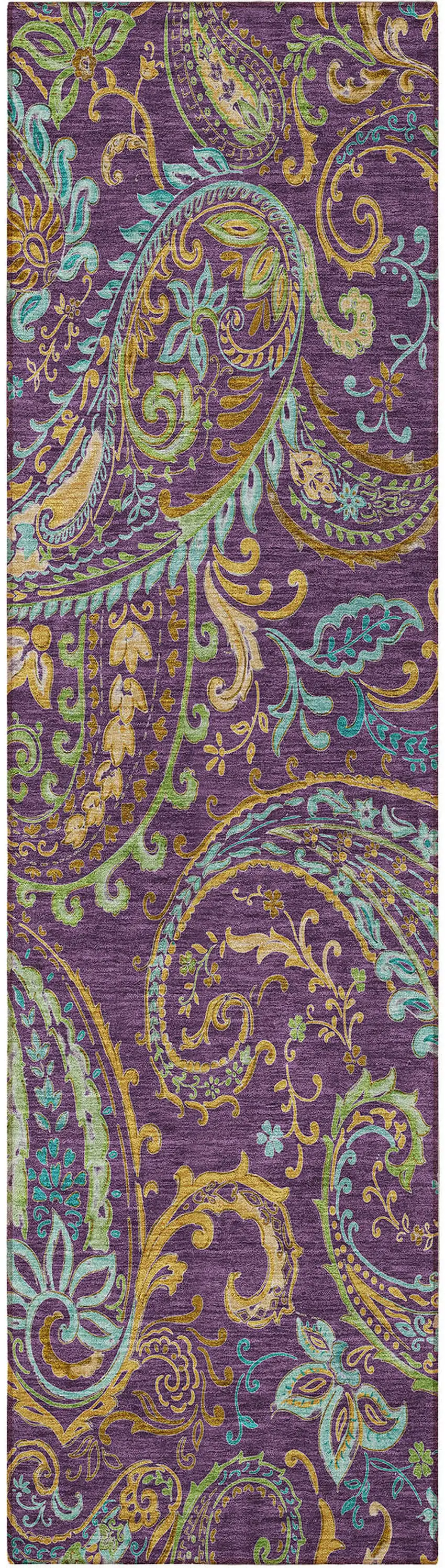 8' Runner Purple Paisley Washable Non Skid Indoor Outdoor Runner Rug Photo 5