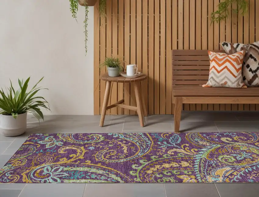 8' Runner Purple Paisley Washable Non Skid Indoor Outdoor Runner Rug Photo 1