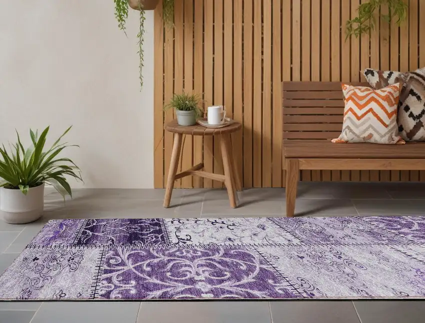 Purple Patchwork Washable Non Skid Indoor Outdoor Runner Rug Photo 1
