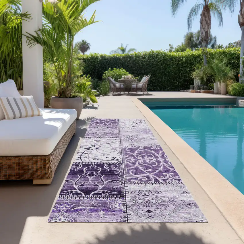 Purple Patchwork Washable Non Skid Indoor Outdoor Runner Rug Photo 7
