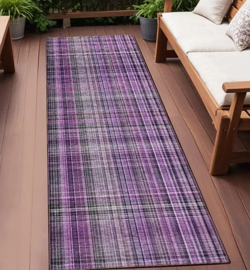 Purple Plaid Washable Non Skid Indoor Outdoor Runner Rug Photo 1