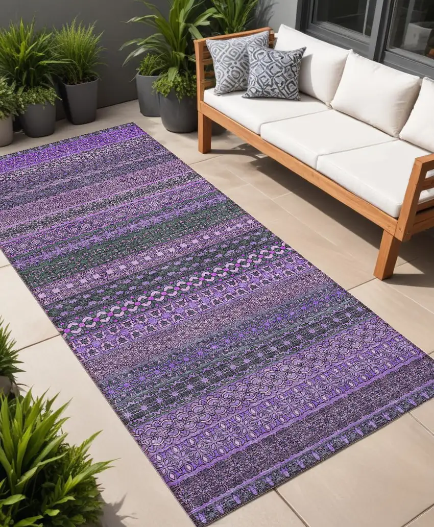 8' Runner Purple Striped Washable Non Skid Indoor Outdoor Runner Rug Photo 1