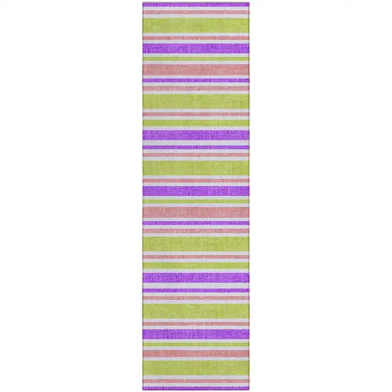 Purple Green and Pink Striped Washable Non Skid Indoor Outdoor Runner Rug Photo 2