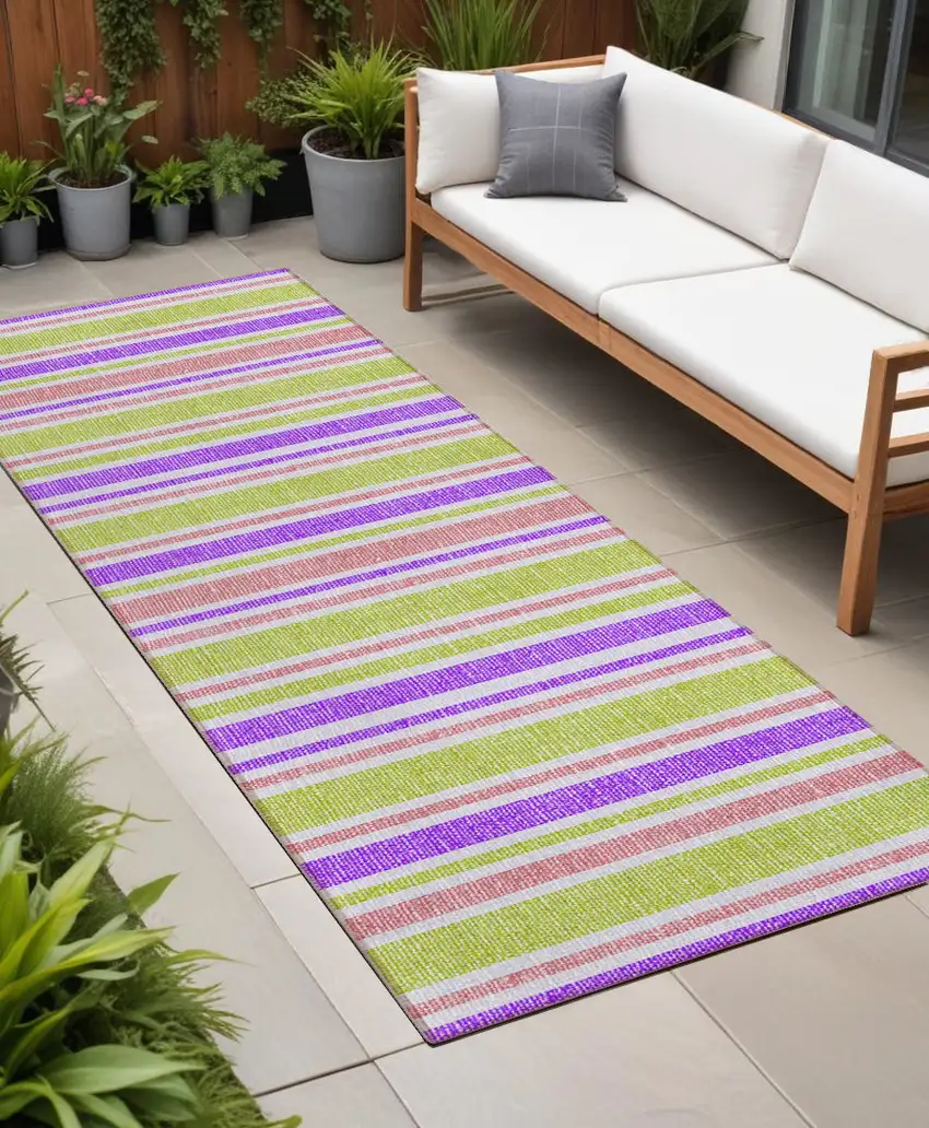 Purple Green and Pink Striped Washable Non Skid Indoor Outdoor Runner Rug Photo 1
