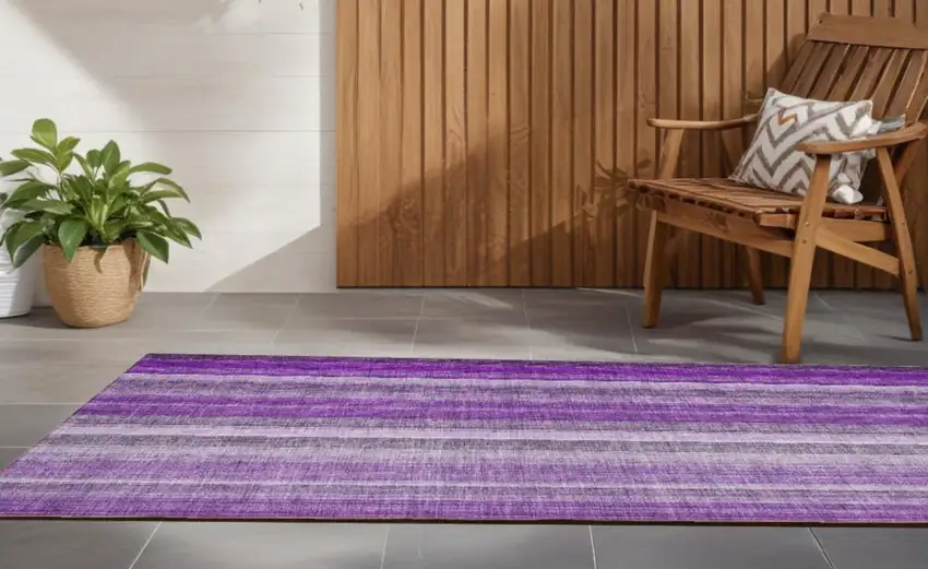 Purple Striped Washable Non Skid Indoor Outdoor Runner Rug Photo 1