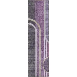 Photo of 8' Runner Purple and Black Abstract Washable Non Skid Indoor Outdoor Runner Rug