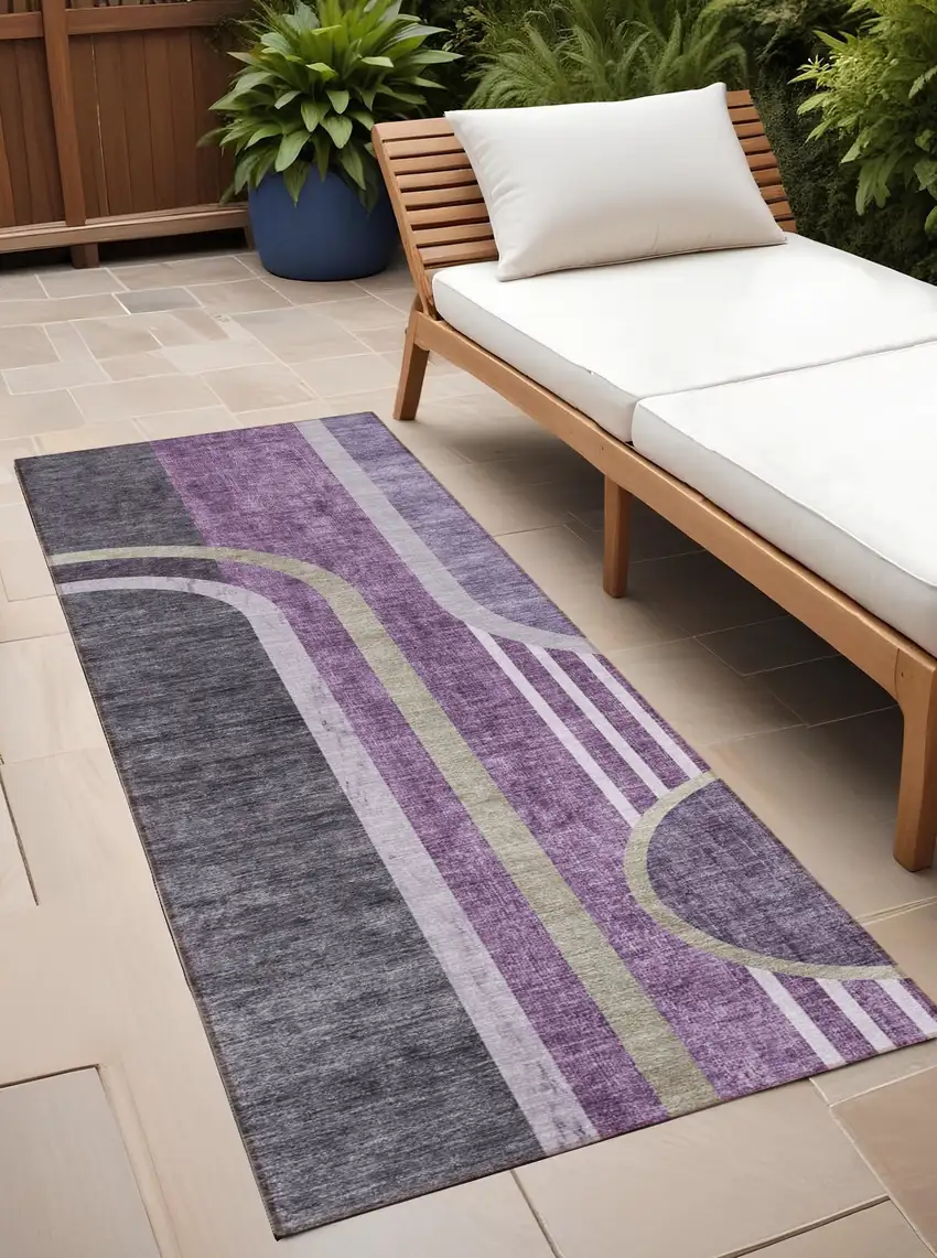 Purple and Black Abstract Washable Indoor Outdoor Runner Rug Photo 1