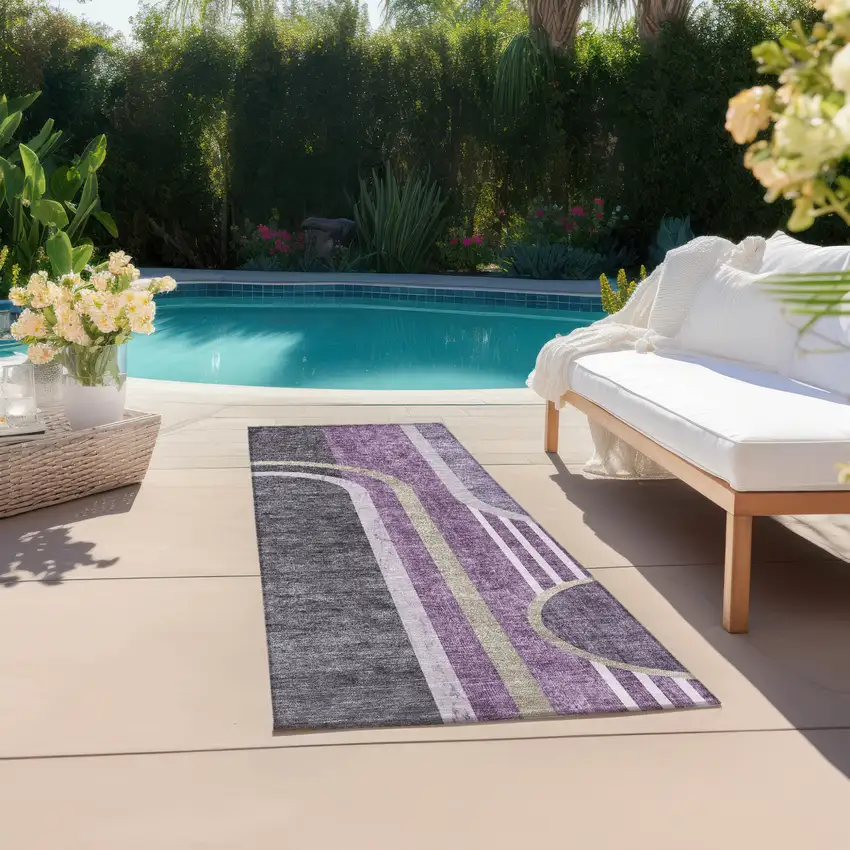 Purple and Black Abstract Washable Indoor Outdoor Runner Rug Photo 6
