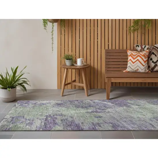 Purple and Green Abstract Washable Non Skid Indoor Outdoor Runner Rug Photo 1