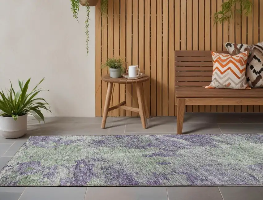 Purple and Green Abstract Washable Non Skid Indoor Outdoor Runner Rug Photo 1