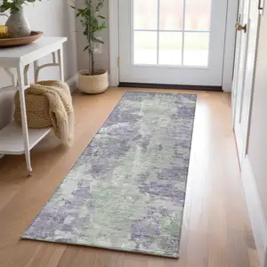 Photo of 8' Runner Purple and Green Abstract Washable Non Skid Indoor Outdoor Runner Rug