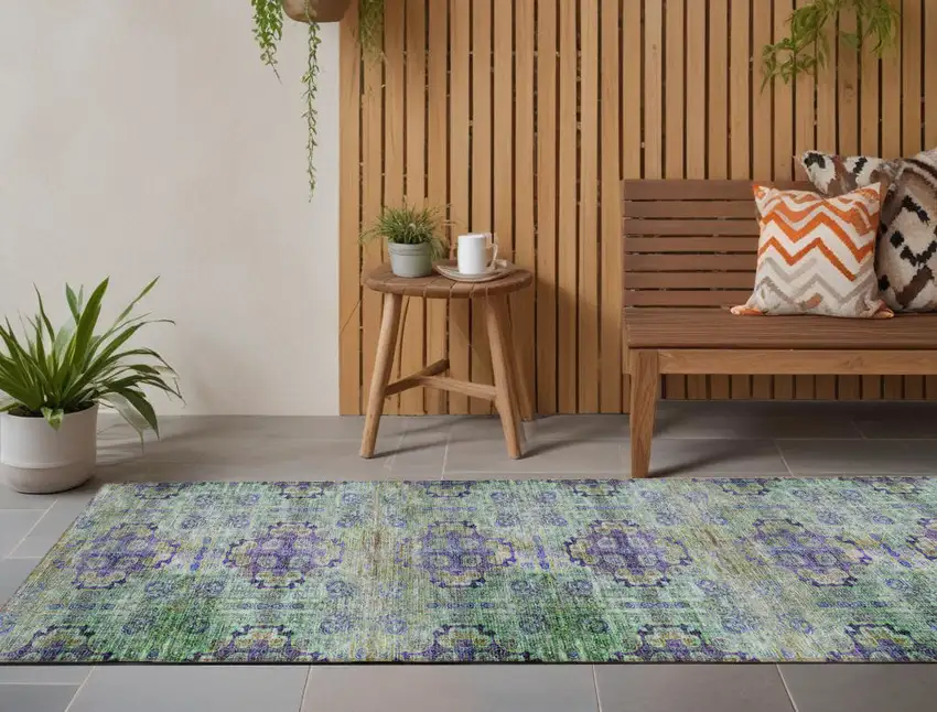 Purple and Green Floral Medallion Washable Non Skid Indoor Outdoor Runner Rug Photo 1