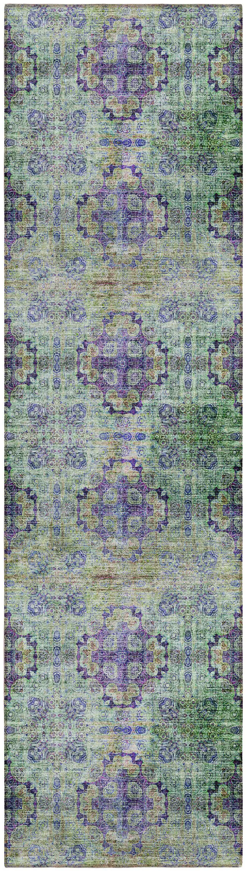 Purple and Green Floral Medallion Washable Non Skid Indoor Outdoor Runner Rug Photo 2
