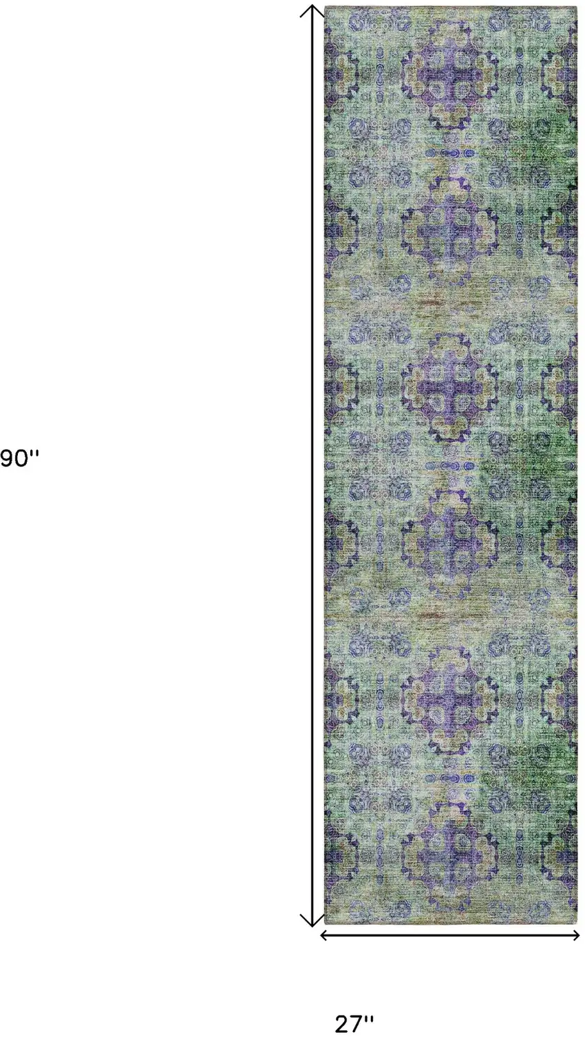 8' Runner Purple and Green Floral Medallion Washable Non Skid Indoor Outdoor Runner Rug Photo 8