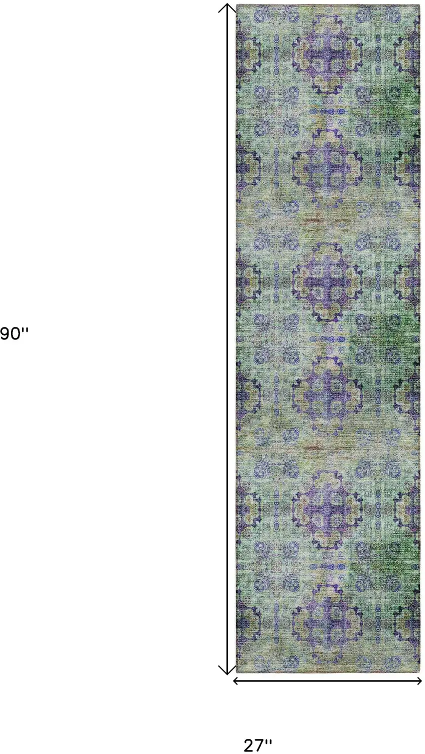 8' Runner Purple and Green Floral Medallion Washable Non Skid Indoor Outdoor Runner Rug Photo 8