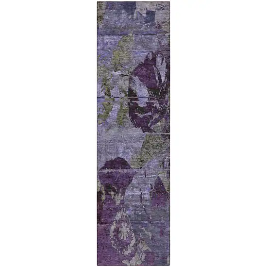 8' Runner Purple and Green Abstract Washable Indoor Outdoor Runner Rug Photo 1